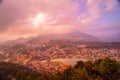 Cityscape view, fog and trees from Ham rong mountain,Sapa town