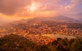 Cityscape view, fog and trees from Ham rong mountain,Sapa town