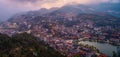 Cityscape view, fog and trees from Ham rong mountain,Sapa town