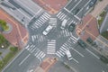 Aerial view from Sapporo TV Tower of street road and intersection in Sapporo City nearly Odori Park.