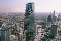 Aerial view of Sathorn district during covid lockdown quarantine, Chong Nonsi, King Power Mahanakhon tower and skywalk