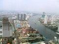 Aerial view of Sathorn Unique Tower, Wat Yannawa, The Chao Phraya Bank in Bangkok city, Thailand, Asia.