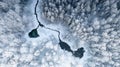 Aerial view of Saula Siniallikas spring lakes in Harju County, Estonia in a blanket of snow Royalty Free Stock Photo