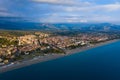 Aerial view of Scalea city and sea beach at sunset, province of Cosenza, Calabria region