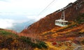 Aerial view of a scenic cable car gliding over the clouds up to the autumn mountains in Japanese Central Alps National Park, Ngano