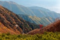 Aerial view of a scenic cable car gliding up to Senjojiki Cirque of Komagatake in Nagano