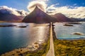 Aerial view of a scenic coastal road on Lofoten islands in Norway Royalty Free Stock Photo
