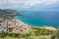 Aerial view of small fishing village in beautiful bay in Mediterranean landscape Royalty Free Stock Photo