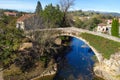 Aerial view of a scenic medieval bridge in Lierganes, Cantabria, Spain.