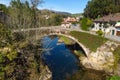 Aerial view of a scenic medieval bridge in Lierganes, Cantabria, Spain.