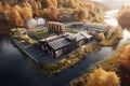 aerial view of a scenic whisky distillery by a river
