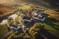 aerial view of a scenic whisky distillery in a rural landscape