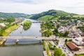 Aerial view of Schengen town over River Moselle, Luxembourg, where Schengen Agreement signed. Tripoint of borders, Germany, France