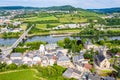 Aerial view of Schengen town over River Moselle, Luxembourg, where Schengen Agreement signed. Tripoint of borders, Germany, France