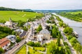 Aerial view of Schengen town over River Moselle, Luxembourg, where Schengen Agreement signed. Tripoint of borders, Germany, France