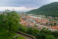 Aerial view over Heidelberg and river Neckar with Old Bridge