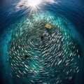 Aerial view of a school of bait fish  Made With Generative AI illustration Royalty Free Stock Photo