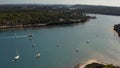 Drone aerial view of Mediterranean sea view with boats in a bay