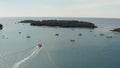 Drone aerial view of Mediterranean sea view with boats in a bay
