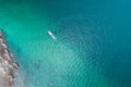 Aerial view on the sea and boat or speedboat. Beautiful natural seascape at the summer time. Island and beautiful beach. blue