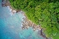 Aerial view of sea and coastine with natural background forming patterns in nature, Praslin Island, Seychelles