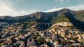 Aerial view from the sea over the city of Genoa, Italy. Suspended highway and infrastructure Royalty Free Stock Photo