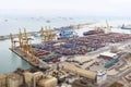 Aerial view on the sea port and containers with modern tilt-shift photo effect. Barcelona, Catalonia, Spain 2019-04-28 Royalty Free Stock Photo