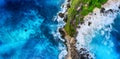 Aerial view at sea and rocks. Turquoise water background from top view. Summer seascape from air. Atuh beach, Nusa Penida, Bali, I Royalty Free Stock Photo