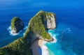 Aerial view at sea and rocks. Turquoise water background from top view. Summer seascape from air. Atuh beach, Nusa Penida, Bali, I Royalty Free Stock Photo