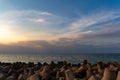 Aerial view of sea with rocky beach during susnet Royalty Free Stock Photo