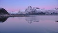 Aerial view of sea, snowy mountains, rorbuer in winter at sunrise