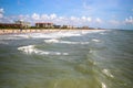 Aerial view of sea waves breaking sandy beach Royalty Free Stock Photo