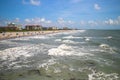 Aerial view of sea waves breaking sandy beach Royalty Free Stock Photo