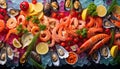 Aerial view of seafood on ice fish, shellfish, crabs, octopuses, mussels, oysters, and shrimps. Royalty Free Stock Photo