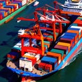 Aerial view of seaport cargo loading area with cargo ships and containers, ocean transport shipping logistics Royalty Free Stock Photo