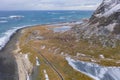 Aerial view of seascape at Skagsanden beach in Lofoten islands, Nordland county, Norway, Europe. Nature landscape background in