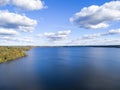 Aerial view of seashore with beach, lagoons. Coastline with sand and water. Landscape. Aerial photography. Birdseye. Sky, clouds. Royalty Free Stock Photo