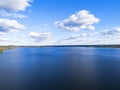 Aerial view of seashore with beach, lagoons. Coastline with sand and water. Landscape. Aerial photography. Birdseye. Sky, clouds. Royalty Free Stock Photo