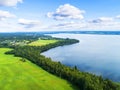 Aerial view of seashore with beach, lagoons. Coastline with sand and water. Landscape. Aerial photography. Birdseye. Sky, clouds. Royalty Free Stock Photo