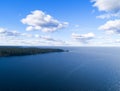 Aerial view of seashore with beach, lagoons. Coastline with sand and water. Landscape. Aerial photography. Birdseye. Sky, clouds. Royalty Free Stock Photo