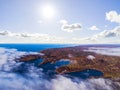 Aerial view of seashore with beach, lagoons. Coastline with sand and water. Landscape. Aerial photography. Birdseye. Sky, clouds. Royalty Free Stock Photo