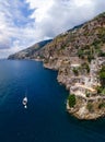 Aerial view of the seashore of southern Italy. Boat. Incredible beauty panorama of mountains and sea. Travel and tourism. Summer Royalty Free Stock Photo