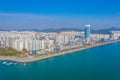 Aerial view of seaside promenade in Mokpo with a dancing fountain, Republic of Korea