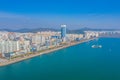 Aerial view of seaside promenade in Mokpo with a dancing fountain, Republic of Korea