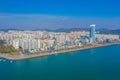 Aerial view of seaside promenade in Mokpo with a dancing fountain, Republic of Korea