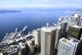 Aerial view of the Seattle bay showing the Great Wheel and cruise ship.