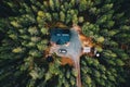 Aerial view of secluded cottage in the woods. Log cabin in the forest in rural Finland