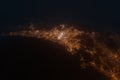 Aerial view on Sendai (Japan) from east. Satellite view on modern city at night