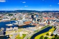 Aerial view of Sentrum area of Oslo, Norway, with Barcode buildings and the river Akerselva Royalty Free Stock Photo