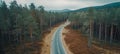 Aerial view serpentine road winding through lush and dense forest leading to majestic mountain peak